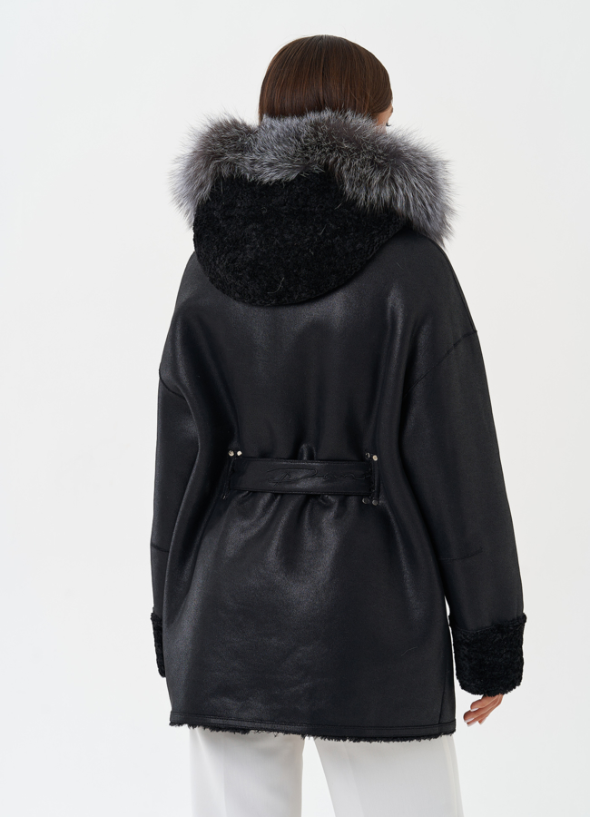 Двухсторонняя дубленка из эко кожи с капюшоном модель № 27772 универмаг малина