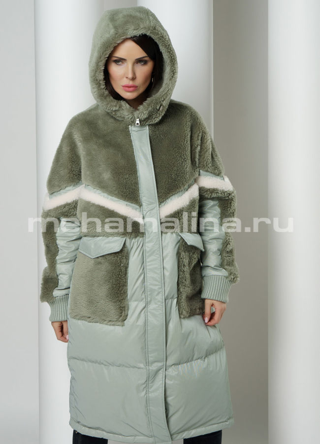Пуховик на молнии с капюшоном, зеленого цвета модель № П-366 универмаг малина