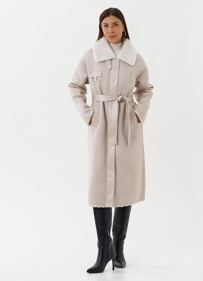 Дубленка женская из экозамши в белом цвете модель № 7755 меха малина