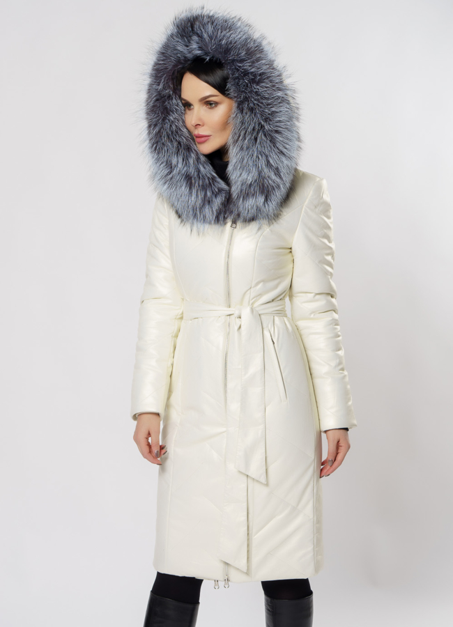 Пуховик из эко кожи на молнии с капюшоном модель № 19345 универмаг малина