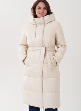 Пуховик из эко кожи молочного цвета с капюшоном