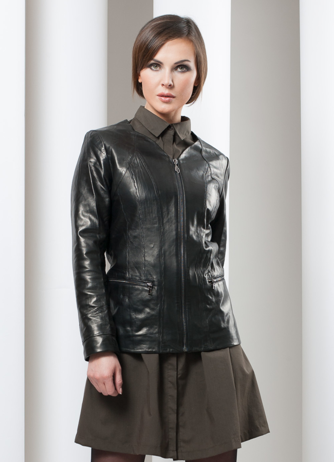 Кожаная куртка с фигурным вырезом  модель № K-102 в кредит