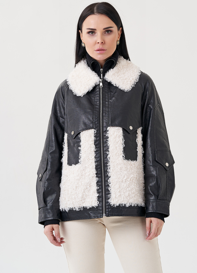 Куртка из эко кожи на утеплителе с отделкой из эко меха модель № FA-108 меха малина