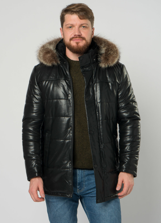 Мужской пуховик из эко кожи с капюшоном и отделкой из енота модель № 21967 универмаг малина
