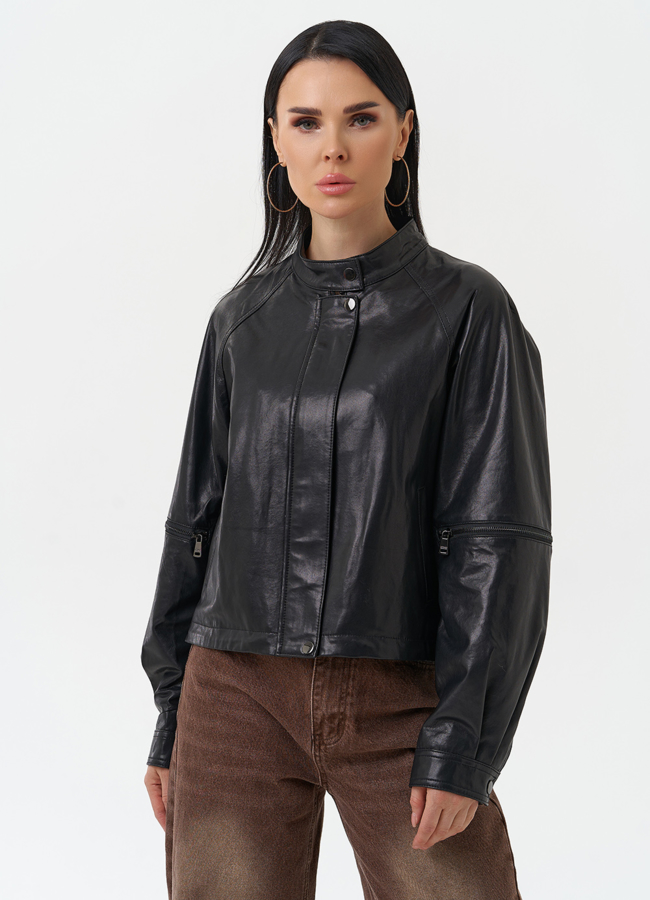 Кожаная куртка женская модель № 29910 меха малина