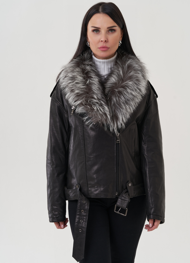 Женская куртка из натуральной кожи с отделкой из чернобурки модель № 25374 меха малина