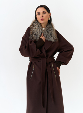Женское длинное пальто с отделкой из меха лисы
