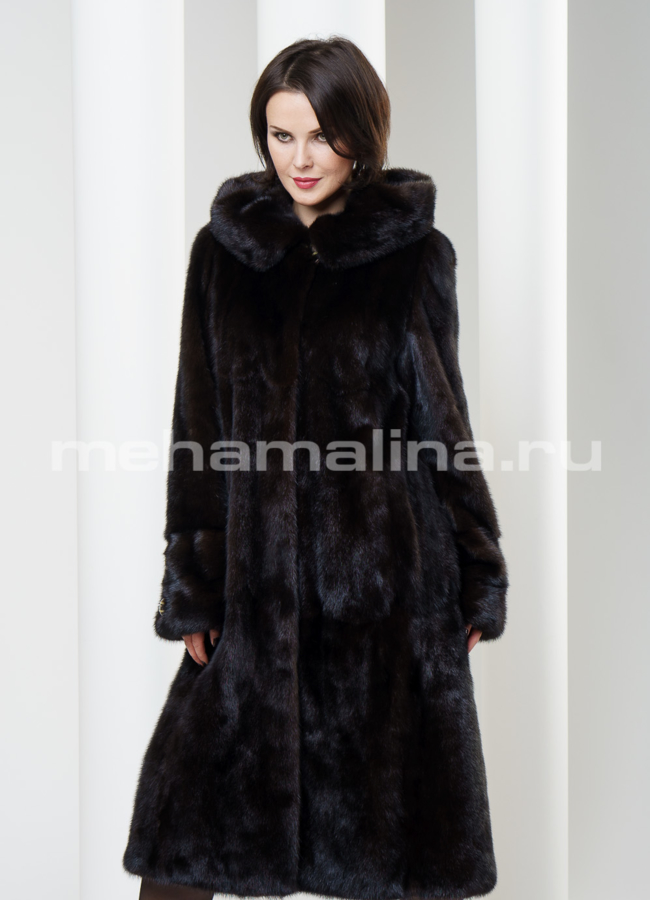 фото Шуба норка с капюшоном, цвет махагон. Длина 110см модель № S-173