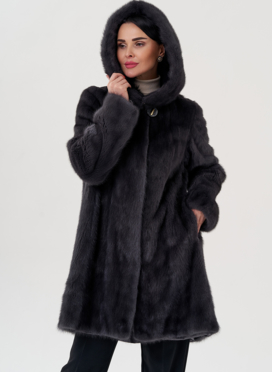 Норковая шуба балетка, в цвете графит с капюшоном