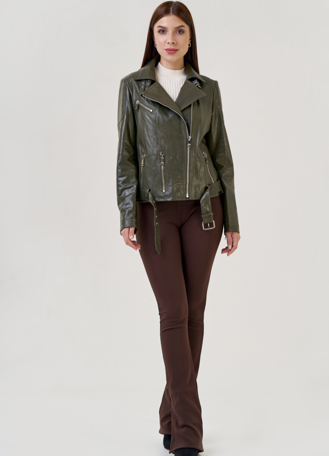 фото Кожаная куртка зеленого цвета модель № 10622