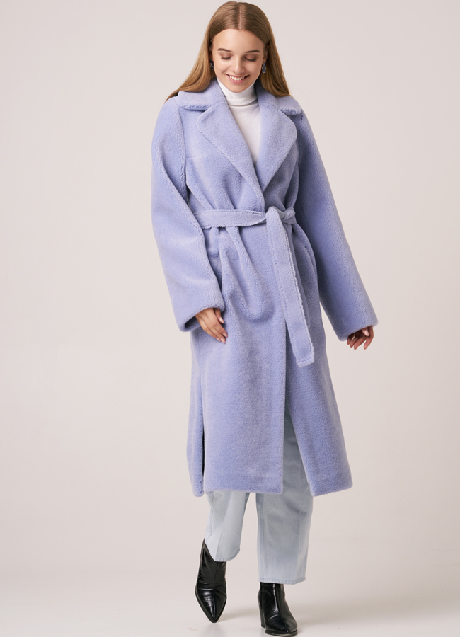 Шуба из эко меха с поясом голубого цвета модель № 2030 универмаг малина