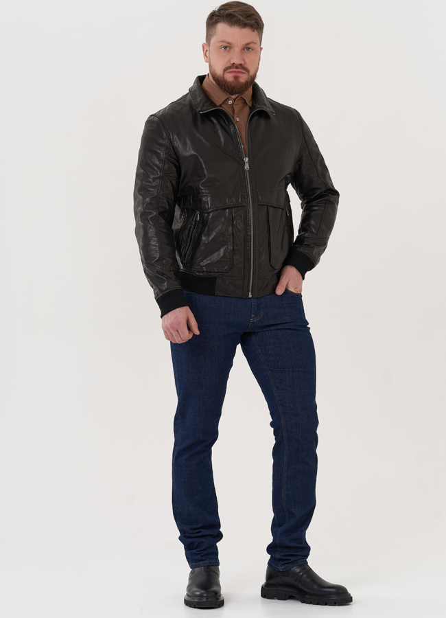 Мужской бомбер из натуральной кожи модель № W2265 меха малина