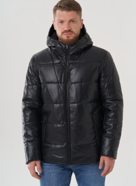 Пуховик мужской из эко кожи с капюшоном 