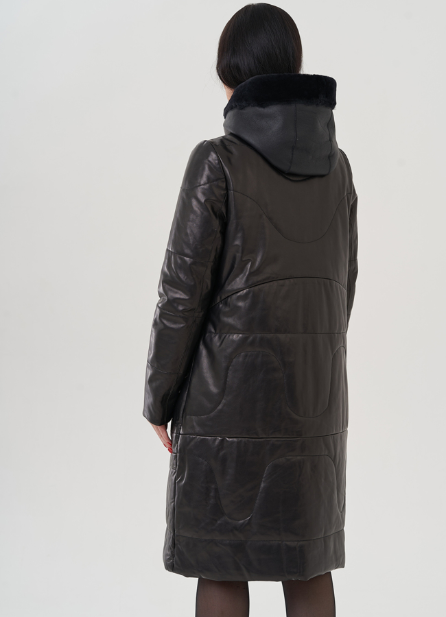 Пуховик из натуральной кожи на молнии с капюшоном модель № 19575 в кредит Пуховик из натуральной кожи на молнии с капюшоном модель № 19575 в кредит