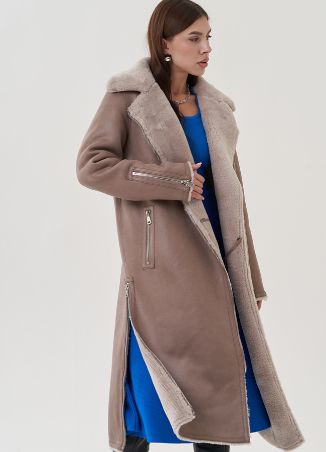 Удлиненная дубленка из эко замши в цвете мокко модель № 25411 универмаг малина