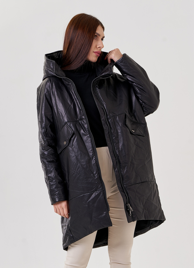 Пуховик из натуральной кожи модель № 79065 меха малина Пуховик из натуральной кожи модель № 79065 меха малина