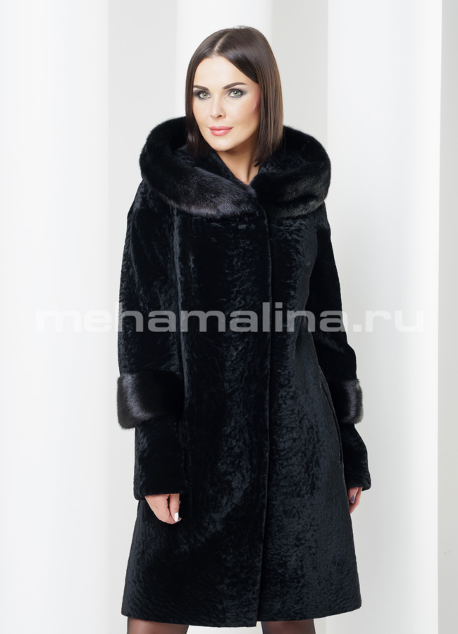 Шуба мутон с капюшоном модель № S-425 меха малина