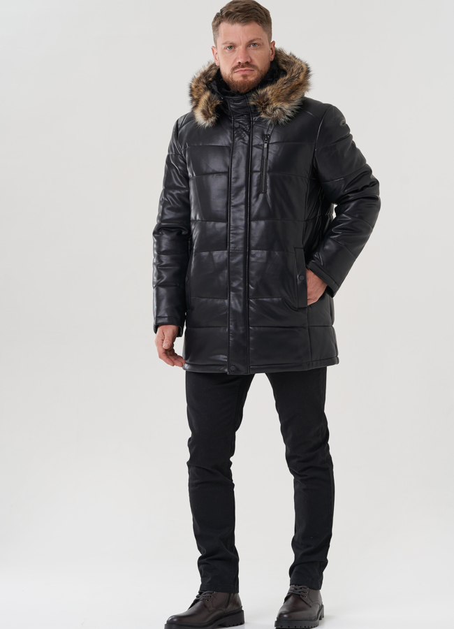 фото Мужской пуховик из эко кожи с капюшоном  модель № 81845