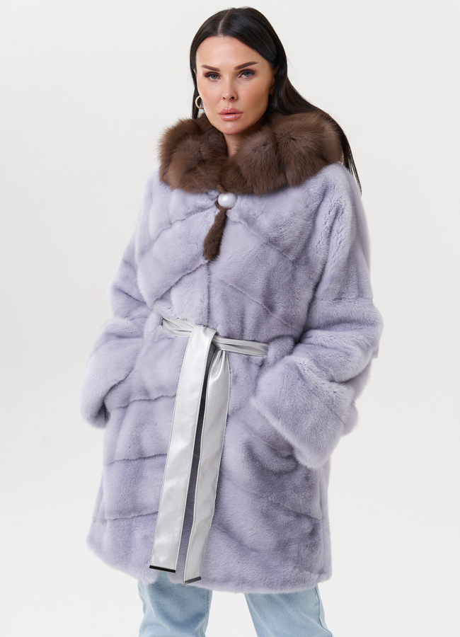 Шуба из меха норки под пояс с капюшоном из куницы модель № 27575 универмаг малина