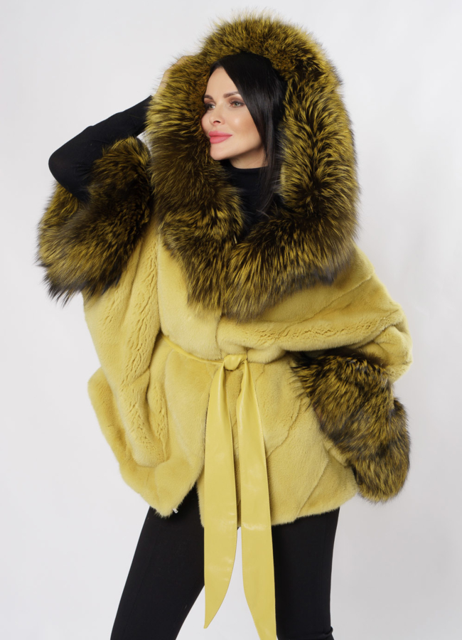 Норковая шуба желтого цвета с капюшоном  модель № S-850 универмаг малина