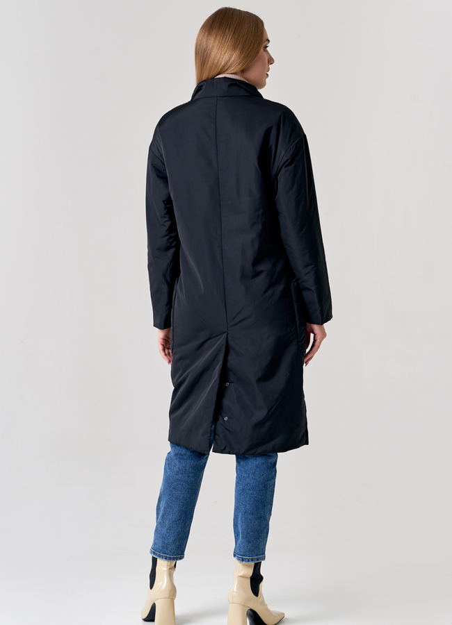 фото Двубортное плащевое пальто в черном цвете модель № 21156