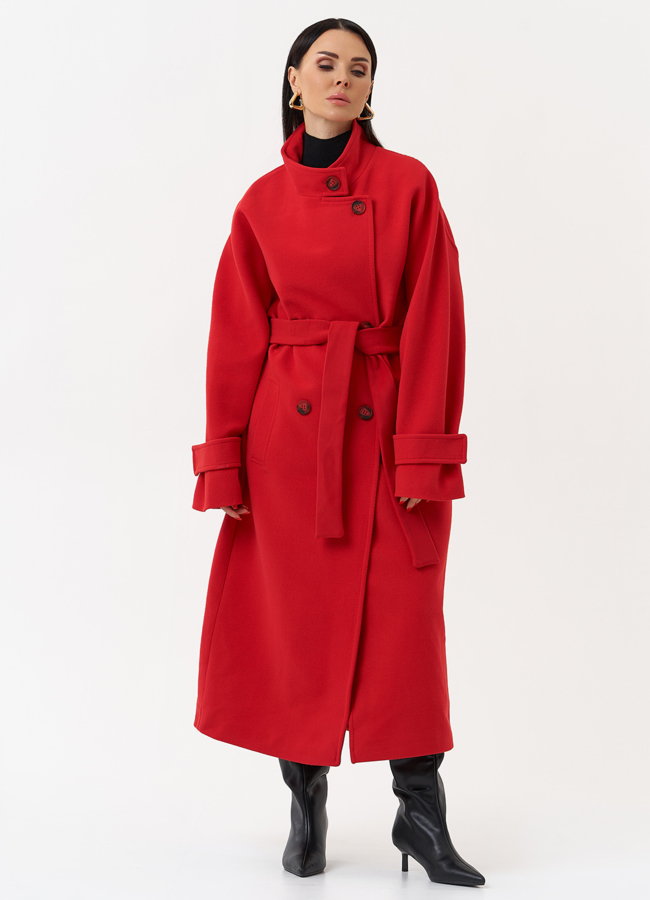 Длинное женское пальто красного цвета модель № 30200 в рассрочку