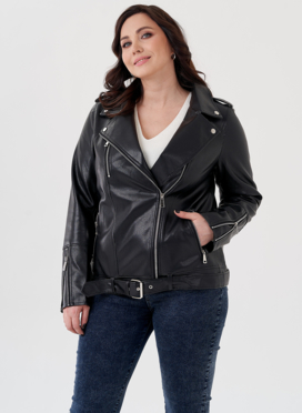 Удлиненная куртка косуха в черном цвете с ремнем Удлиненная куртка косуха в черном цвете с ремнем