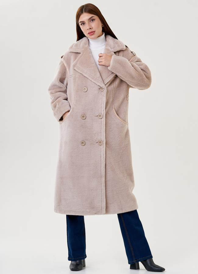 Двуботное женское пальто из эко меха с английским воротником  модель № 79321 в кредит