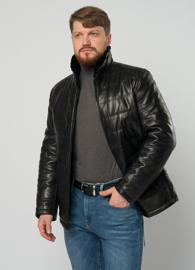 Мужской пуховик из натуральной кожи с отделкой из овчины модель № 21916 универмаг малина