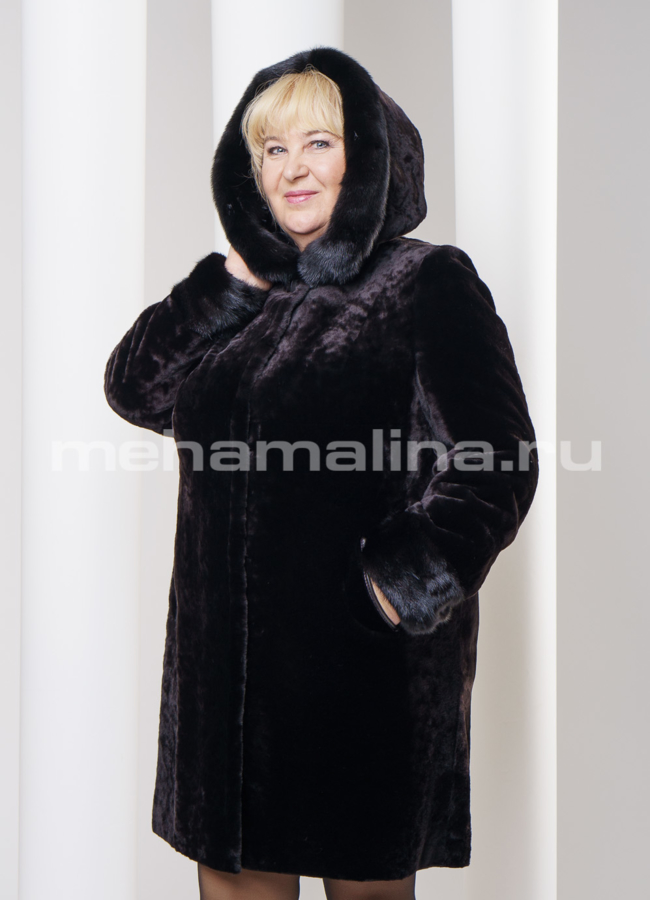 Шуба мутон с норкой, цвет коричневый модель № S-278 в кредит