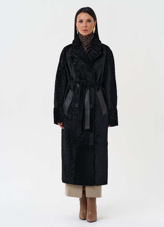 Натуральная дубленка с английским воротником модель № 28694 меха малина