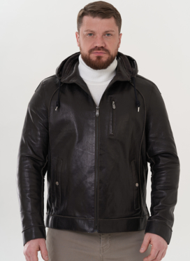 Мужская кожаная куртка с капюшоном
