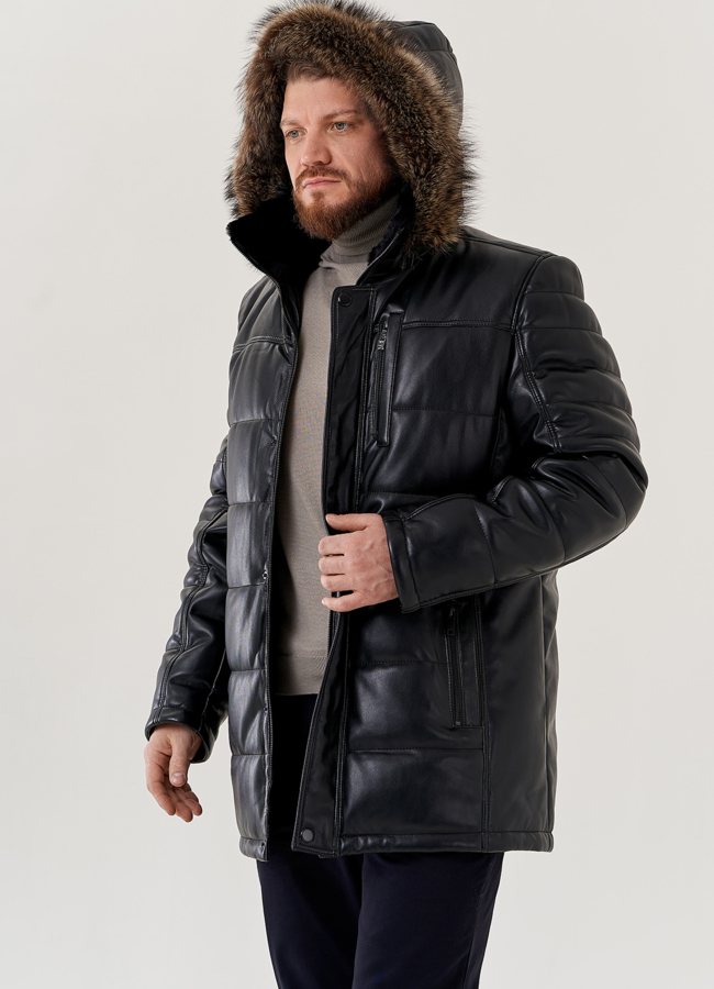 Пуховик из эко кожи с капюшоном  модель № 79606 в кредит