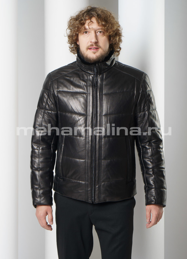 Кожаный пуховик черного цвета на молнии модель № ПМ-104 универмаг малина