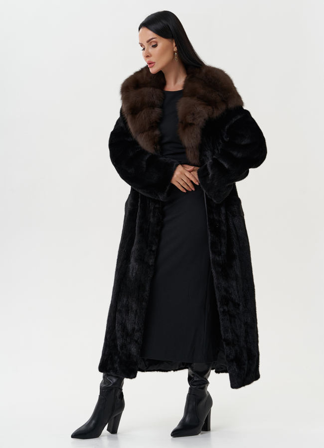 Шуба из норки с капюшоном из меха куницы модель № 28023 универмаг малина