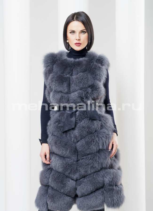 Длинный меховой жилет из песца модель № S-367 меха малина