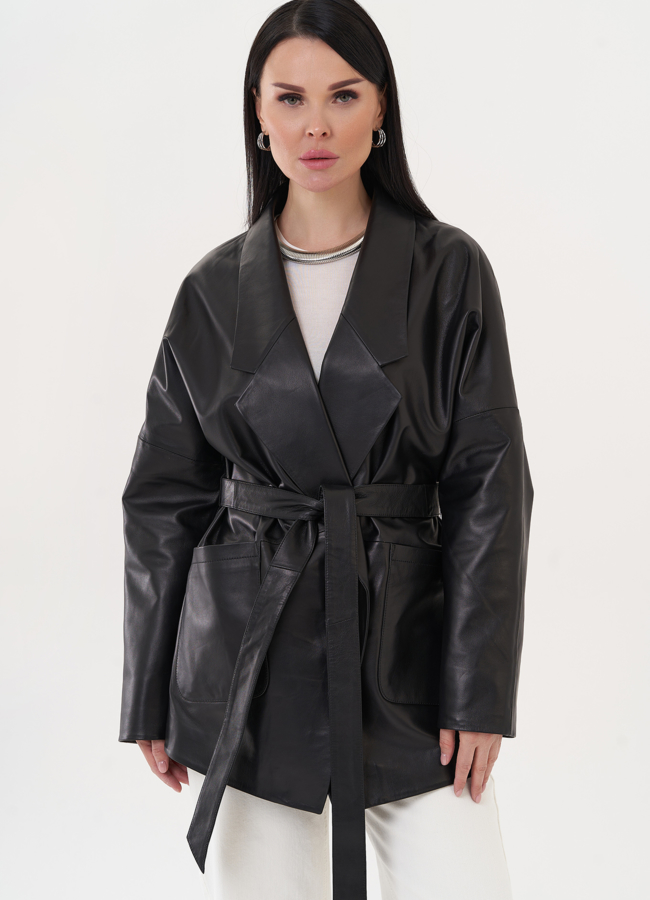 фото Кожаная куртка-пиджак с поясом модель № 26952