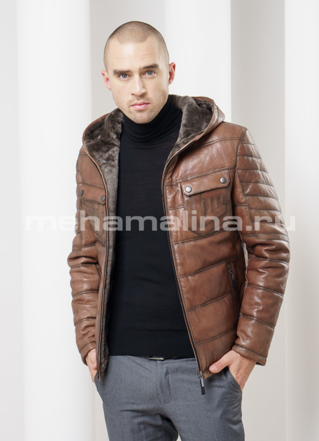 Кожаный пуховик модель № ПМ-51 меха малина