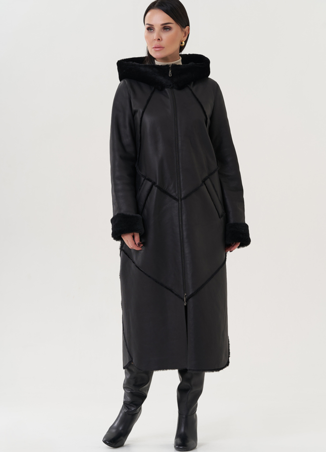 фото Женская дубленка с капюшоном  модель № 25914