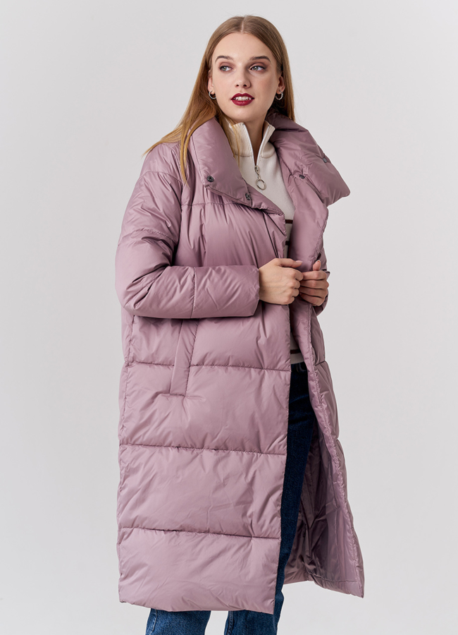 Удлиненный женский пуховик с воротником стойкой модель № 21890 универмаг малина