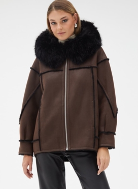 Женская дубленка из эко кожи с капюшоном