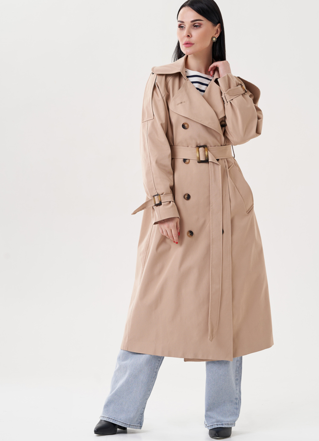 фото Плащ женский бежевого цвета с поясом   модель № 24475