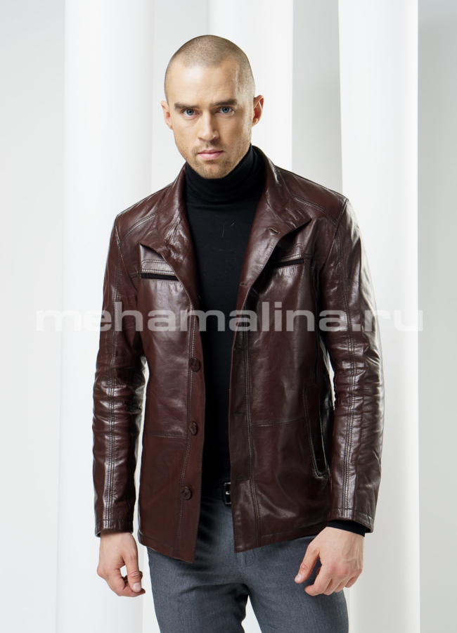 Кожаная куртка на пуговицах, цвет коричневый модель № KP-80 в рассрочку