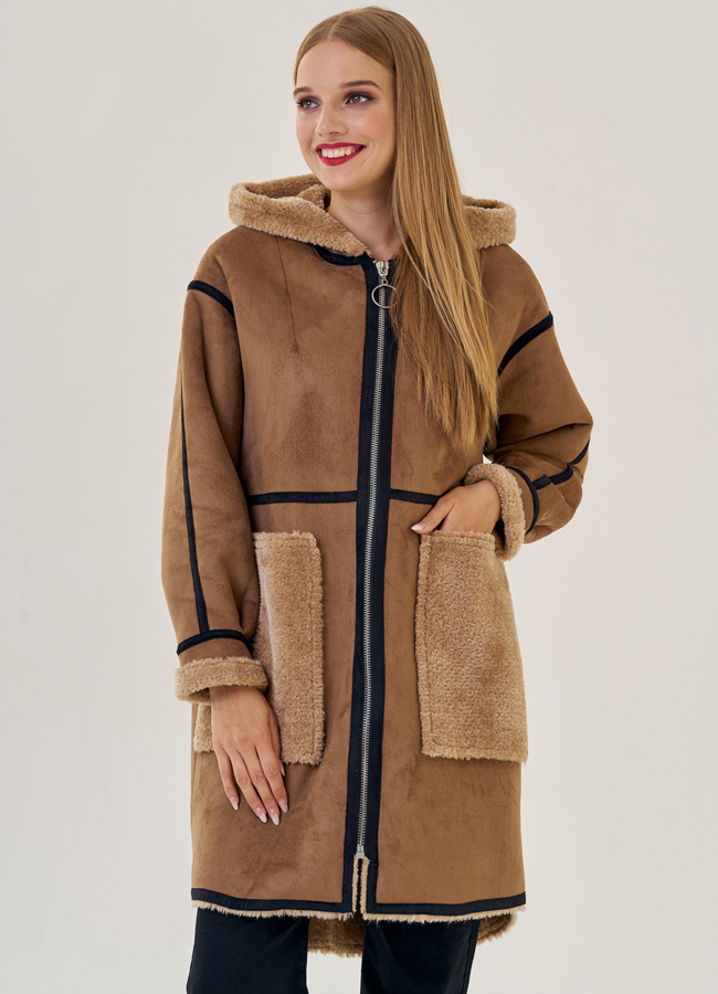 Женская эко дубленка с капюшоном модель № 22958 меха малина