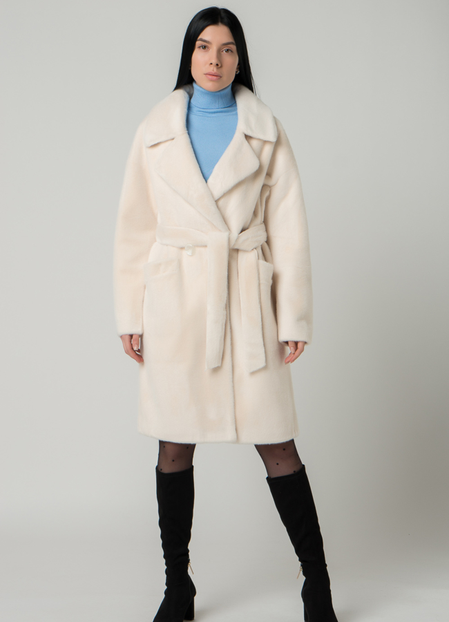 фото Светлое женское полупальто с поясом модель № 18302