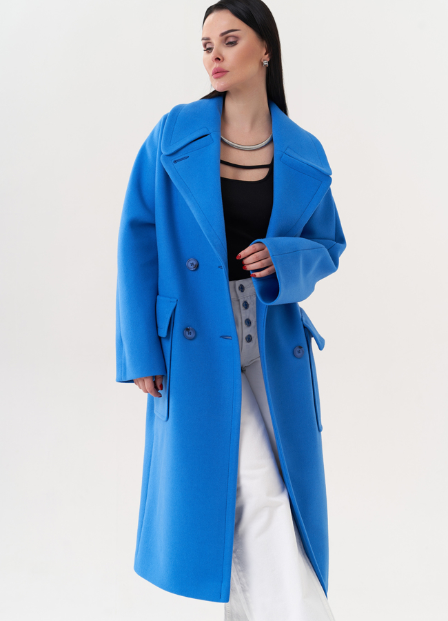 Пальто голубого цвета с английским воротником модель № 26841 в рассрочку