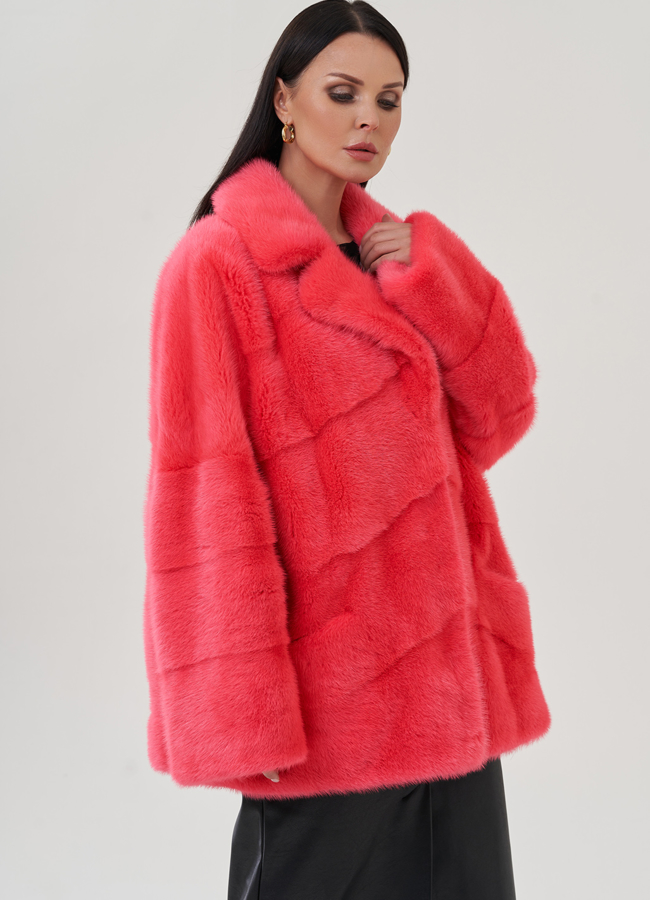 Шуба из норки с английским воротником  модель № 24706 меха малина