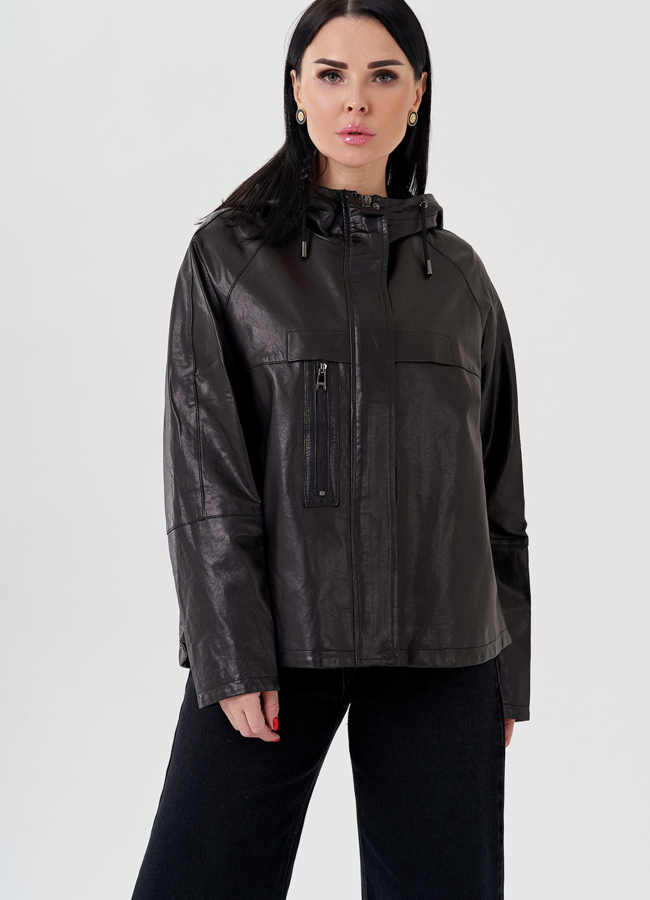 Женская куртка из натуральной кожи с капюшоном  модель № 24091 меха малина