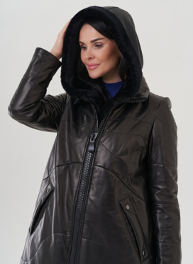 Пуховик из натуральной кожи на молнии с капюшоном