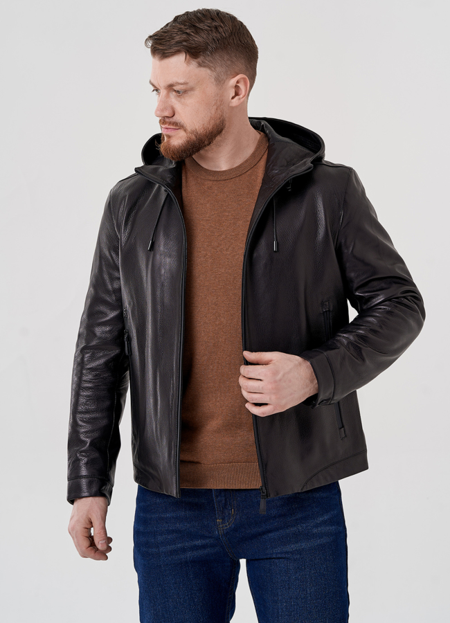 Кожаная куртка с капюшоном на молнии модель № 10980, 24371 универмаг малина